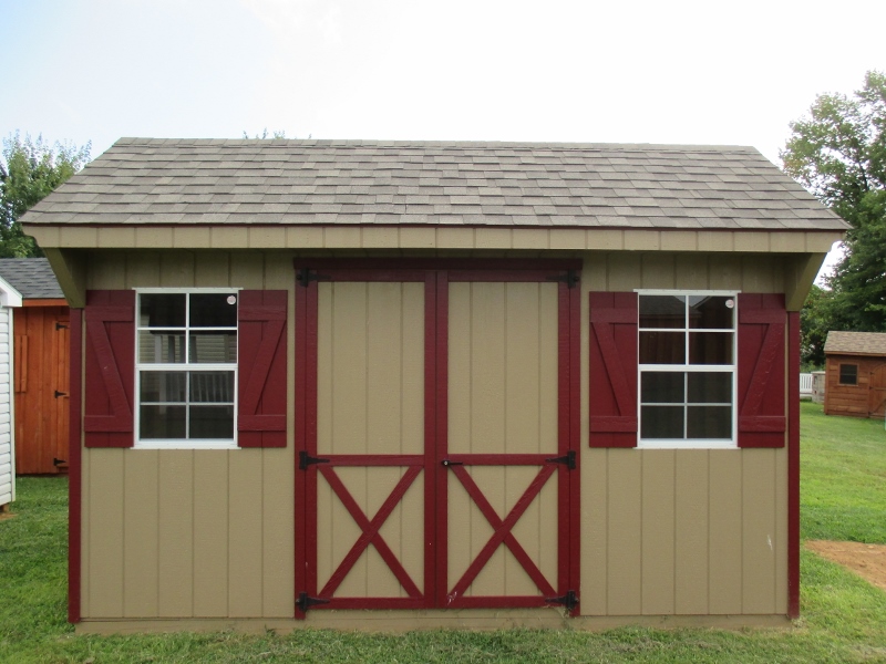 10x14 Quaker Shed, Buckskin Duratemp siding, Red trim, Weatherwood roof, Optional Z-Style Shutters, List price $2,695, DISPLAY MODEL $2,425.50 Chester Springs